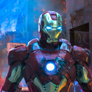 Iron Man guarding the city. This digital artwork is the perfect addition to your office, or anywhere you need a touch of heroism.