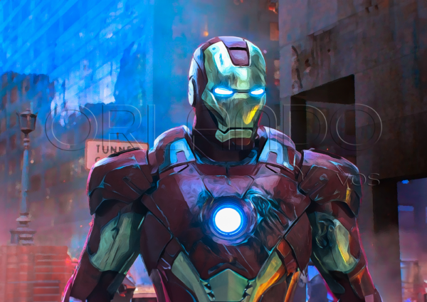 Iron Man guarding the city. This digital artwork is the perfect addition to your office, or anywhere you need a touch of heroism.