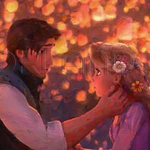 Flynn Rider and Rapunzel on a romantic background of floating sky lanterns