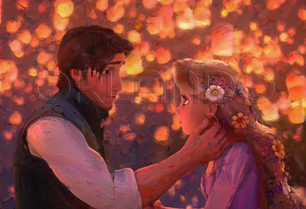 Flynn Rider and Rapunzel on a romantic background of floating sky lanterns