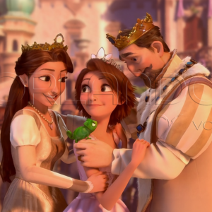 Rapunzel, with her friend Pascal, hugging her happy parents Frederic and Arianna