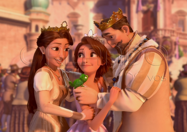 Rapunzel, with her friend Pascal, hugging her happy parents Frederic and Arianna