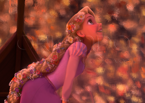 Rapunzel gazes at floating sky lanterns celebrating her birth