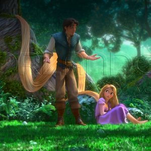 Flynn Rider talking to beautiful Rapunzel