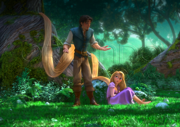 Flynn Rider talking to beautiful Rapunzel