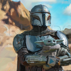 Still from The Mandalorian series digitally painted in oils