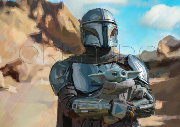 Still from The Mandalorian series digitally painted in oils