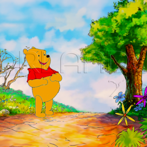 Winnie the Pooh enjoys the beautiful flowers in the beginning of spring