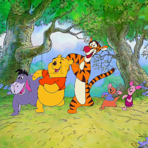 Winnie the Pooh and his friends dancing and singing in their colorful fantasy world