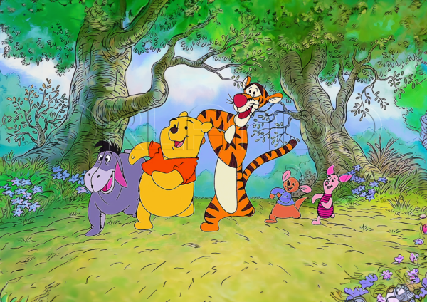 Winnie the Pooh and his friends dancing and singing in their colorful fantasy world