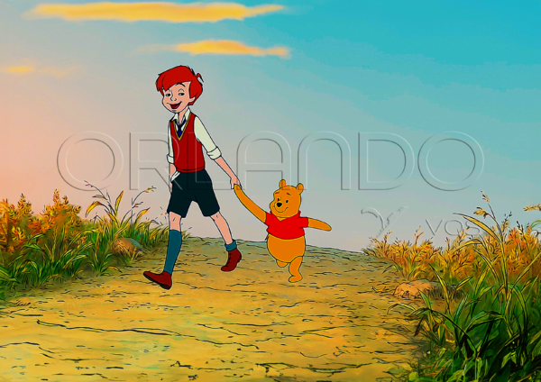 Christopher Robin strolling with his great friend Winnie the Pooh