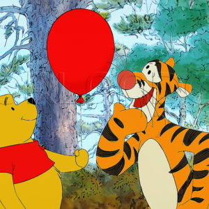 Winnie the Pooh shows Tigger his red balloon