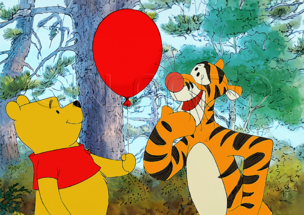 Winnie the Pooh shows Tigger his red balloon