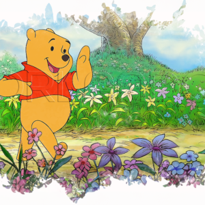 Winnie the Pooh walks in his magical and colorful world