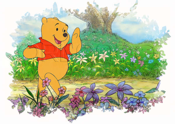 Winnie the Pooh walks in his magical and colorful world