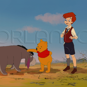 Winnie the Pooh pets Eeyore the donkey under Christopher Robin's sympathetic gaze