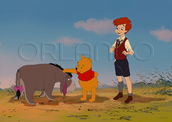 Winnie the Pooh pets Eeyore the donkey under Christopher Robin's sympathetic gaze