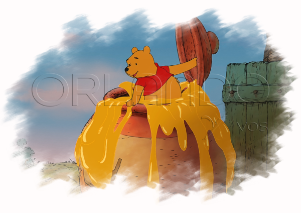 Winnie the Pooh enjoying lunch and honey bathing