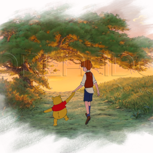 Winnie the Pooh and Christopher Robin at a magical sunset