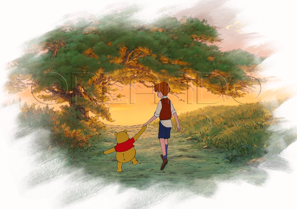 Winnie the Pooh and Christopher Robin at a magical sunset