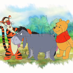 Winnie the Pooh and Tigger talking to donkey Eeyore