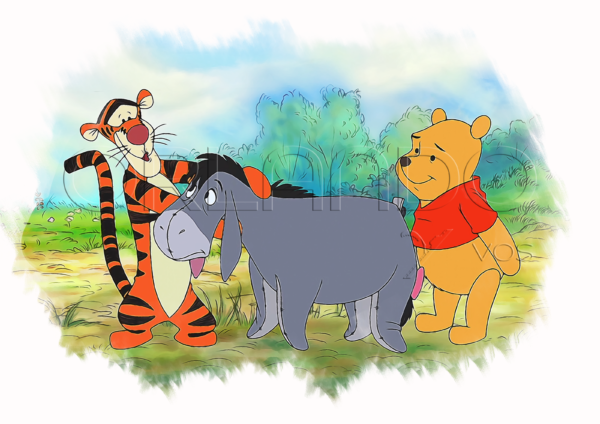 Winnie the Pooh and Tigger talking to donkey Eeyore