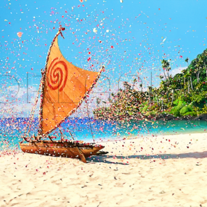 Moana's boat wrapped in a cloud of colorful flowers