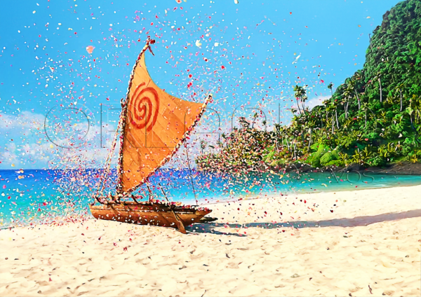 Moana's boat wrapped in a cloud of colorful flowers