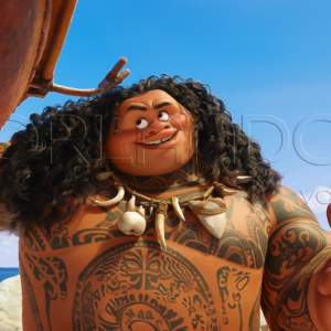 Maui lifts Moana's boat with his muscular arm