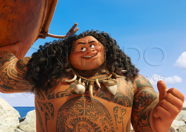 Maui lifts Moana's boat with his muscular arm