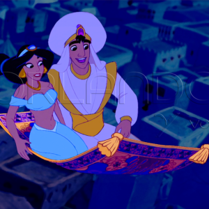 Jasmine and Aladdin walking around the world on the magic carpet