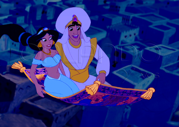 Jasmine and Aladdin walking around the world on the magic carpet