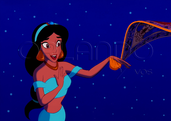 Jasmine greets Aladdin's magic carpet