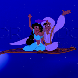 Jasmine and Aladdin wave from the sky on the magic carpet