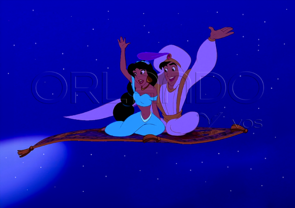 Jasmine and Aladdin wave from the sky on the magic carpet