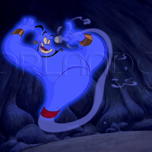 Genie singing happy to have come out of Aladdin's lamp