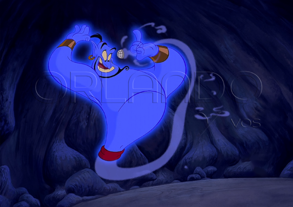 Genie singing happy to have come out of Aladdin's lamp