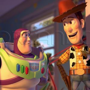 Buzz Lightyear talking to Sheriff Woody. Decorate your little ones' room with our vibrant collection. Bring the magic home.