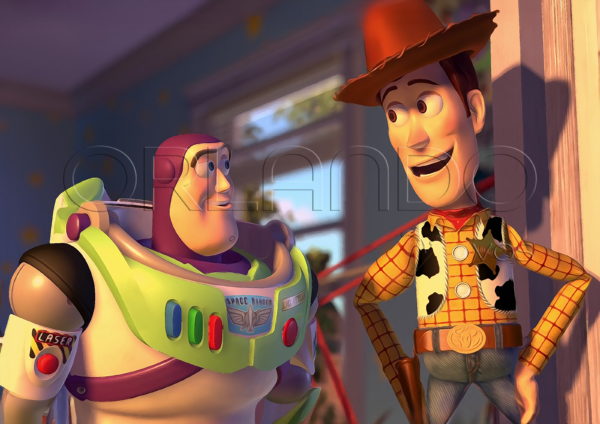 Buzz Lightyear talking to Sheriff Woody. Decorate your little ones' room with our vibrant collection. Bring the magic home.