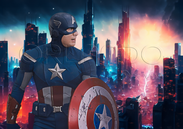 Witness Captain America's bravery in the epic final battle. This stunning digital artwork is a perfect addition to your office.