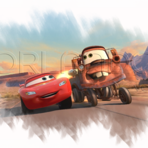 Tow Mater revels in his turbo power, racing alongside his buddy Lightning McQueen