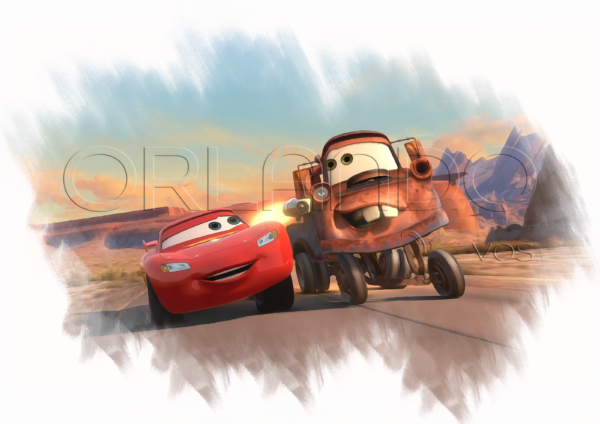 Tow Mater revels in his turbo power, racing alongside his buddy Lightning McQueen