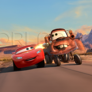 Tow Mater enjoys his turbo power racing with his friend Lightning McQueen