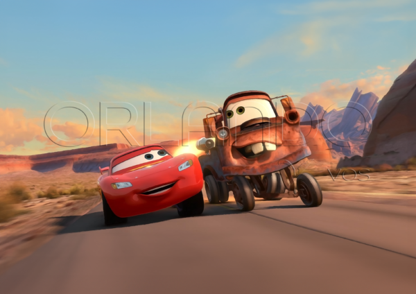 Tow Mater enjoys his turbo power racing with his friend Lightning McQueen