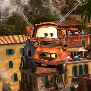 Tow Mater parachuting down on his first mission as a spy