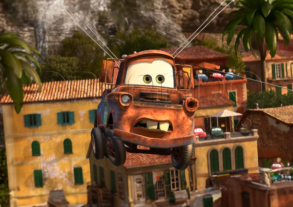 Tow Mater parachuting down on his first mission as a spy