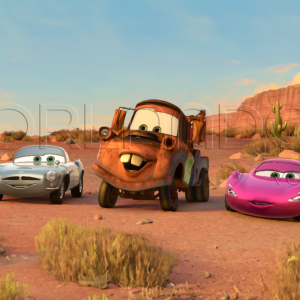 Finn McMissile, Holley Shiftwell and Mack watch the competition at Radiator Springs