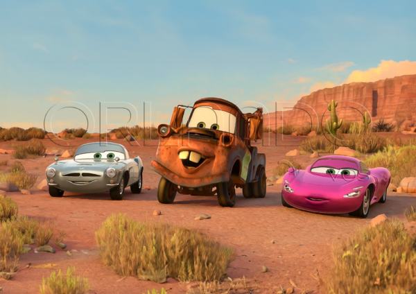 Finn McMissile, Holley Shiftwell and Mack watch the competition at Radiator Springs