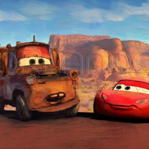 Digitally oil painted poster of Lightning Mc Queen and Tow Mater. Ideal for your little ones room.