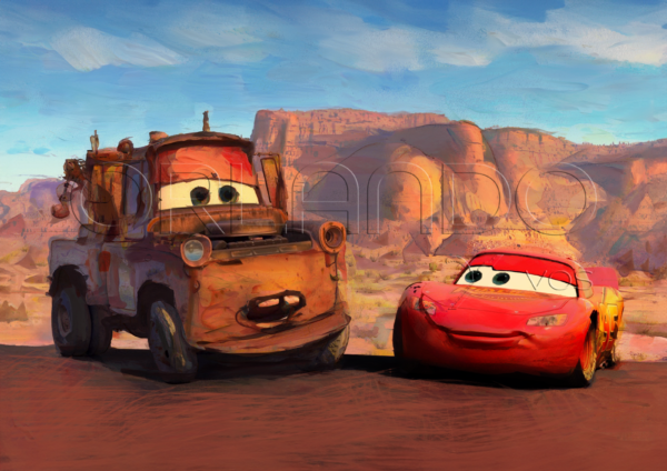 Digitally oil painted poster of Lightning Mc Queen and Tow Mater. Ideal for your little ones room.